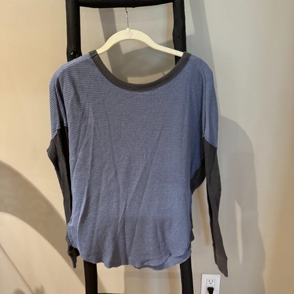 Free People Blue and Grey Waffle Knit Long Sleeve T-Shirt - Picture 4 of 4